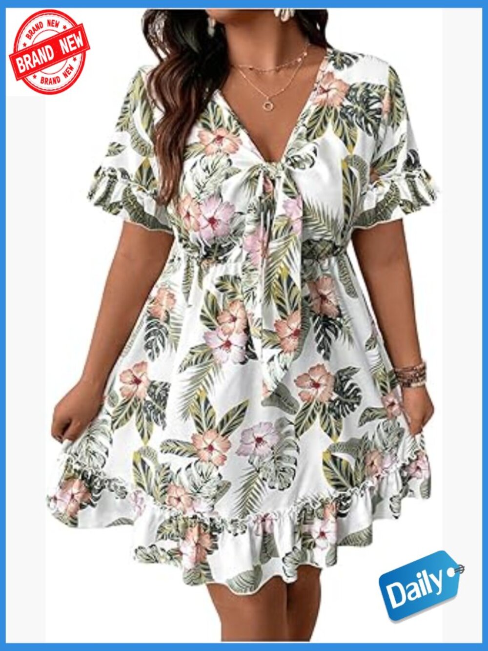 Plus Size Boho Floral Print Short Sleeve Dress Ruffle Hem
